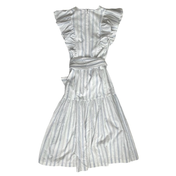 Rebecca Taylor Blue / White Mini Stripe Ruffled Tie Waist Cotton Midi Dress - Picture 3 of 6